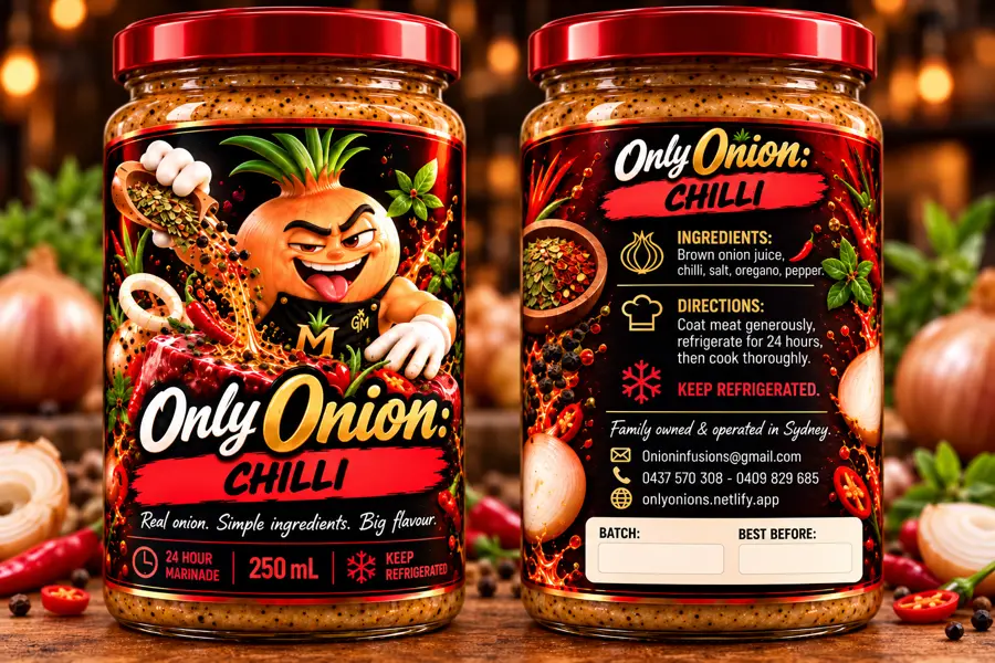 ONLY ONIONS Chilli marinade 250 mL jar with red lid, shown front and back