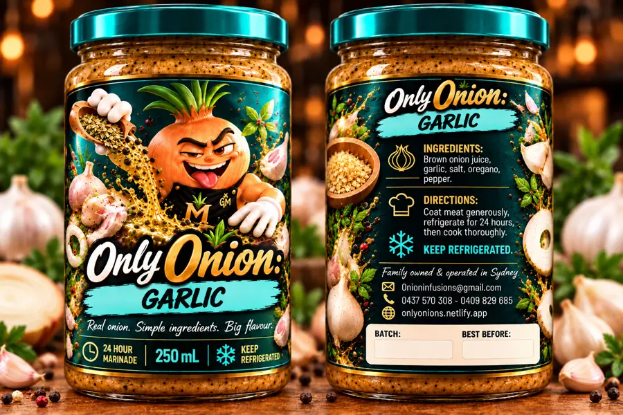 ONLY ONIONS Garlic marinade 250 mL jar with teal lid, shown front and back