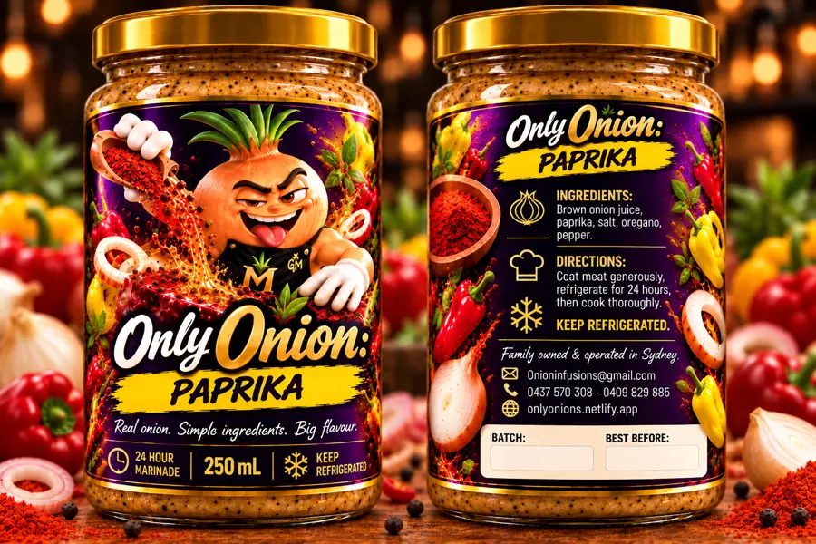 ONLY ONIONS Paprika marinade 250 mL jar with gold lid, shown front and back