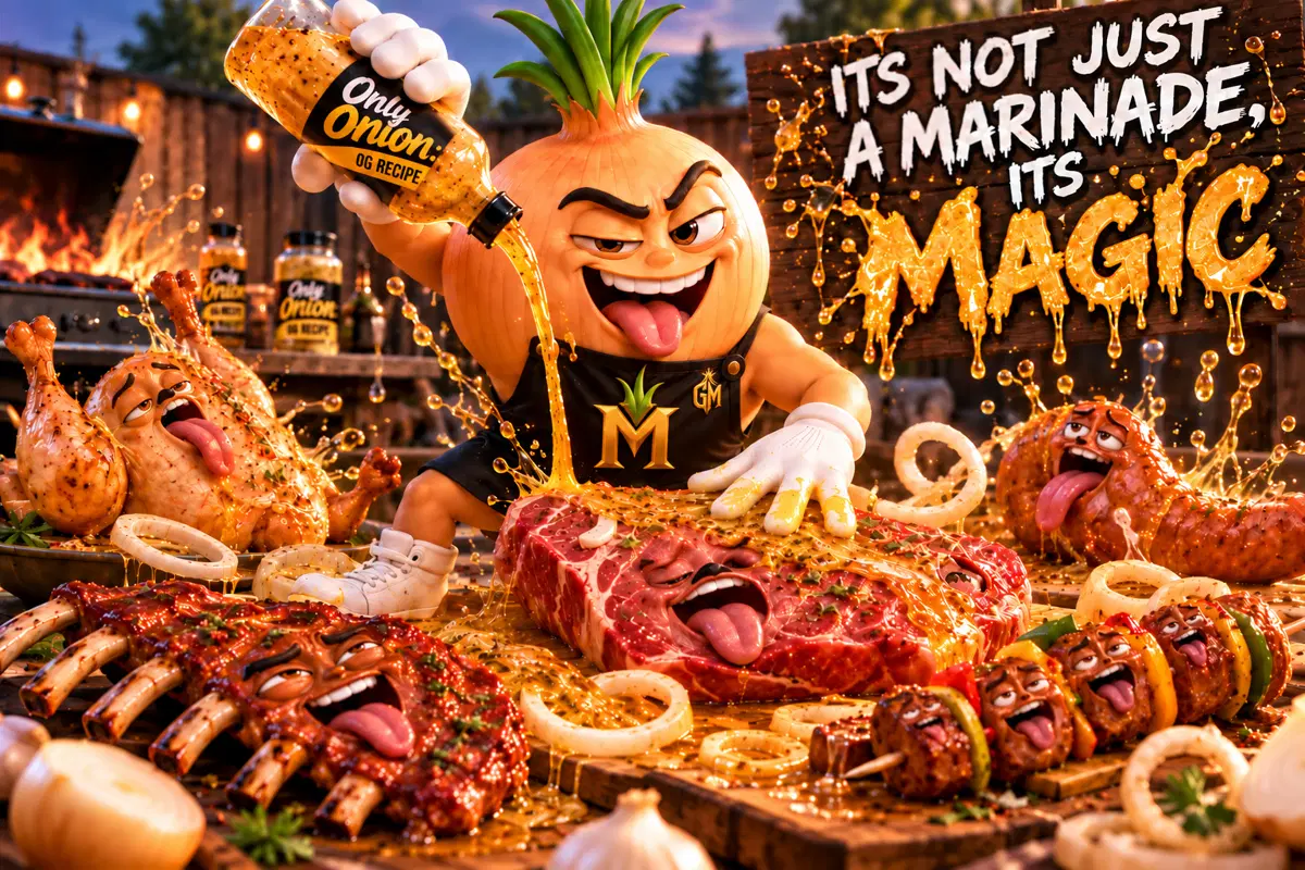 Onion Man pouring OG Recipe marinade over steak, ribs, chicken, sausages and skewers at a backyard barbecue, beside a sign reading: It’s not just a marinade, it’s magic
