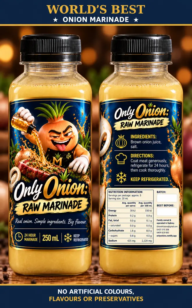 ONLY ONIONS Raw Marinade 250 mL bottles, front label and back label with ingredients, directions and nutrition information